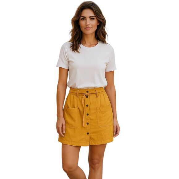 Mustard Yellow Cotton Belted Skirt with Pockets - Picture 1 of 7